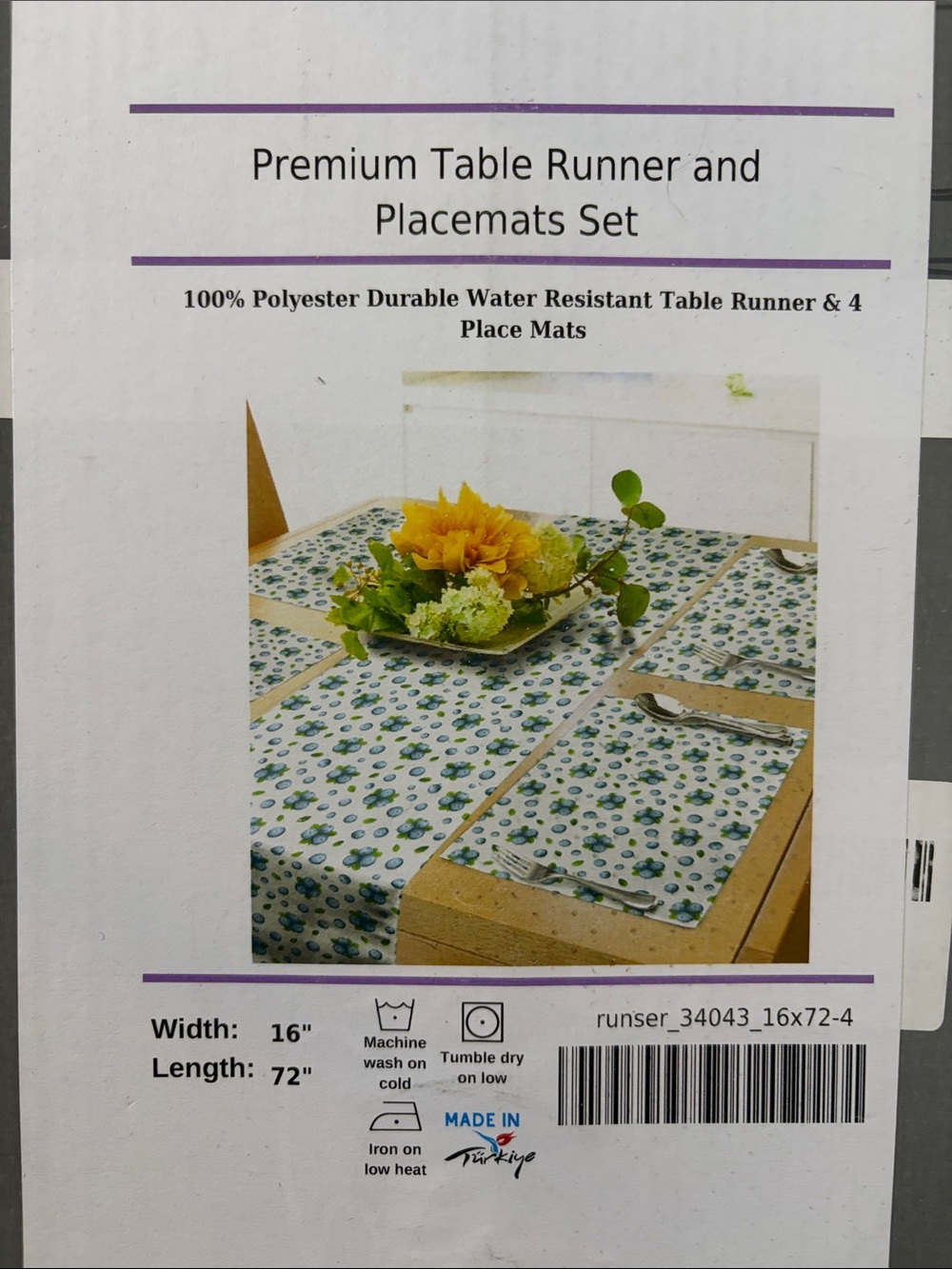 Premium Table Runner and Placemats Set - Floral Blue/Green NIP 
16”x 72”